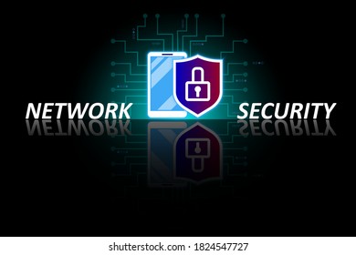 Network cyber security, data protection, electronic payments, transactions and transfer worldwide. Smartphone with shield and lock on a digital black background with mirror reflection