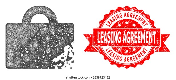 Network damaged luggage icon, and Leasing Agreement textured ribbon stamp seal. Red stamp seal contains Leasing Agreement tag inside ribbon.