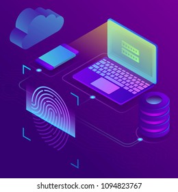 Network data access with biometric authorization concept. Scan Fingerprint, Identification system, landing page template. 3d isometric vector illustration on ultraviolet background