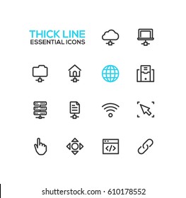 Network Data - Modern Vector Single Thick Line Icons Set. Network, Cloud, Laptop, Folder, House, Globe, Computer, Drive, File, Wifi, Cursor, Hand, Arrow, Window, Joint