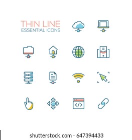 Network Data - modern vector single thin line icons set. Network, cloud, laptop, folder, house, globe, computer, drive, file, wifi, cursor, hand, arrow, window, joint