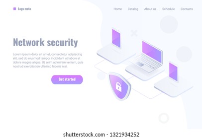 Network data security flat isometric concept. Can use for landing page hero image, website banner. Vector illustration.