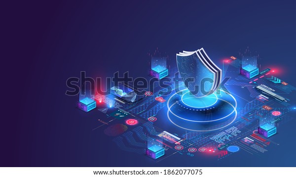 Network data security isometric. Online server\
protection system concept with data center or blockchain. Data\
secure. Web crime or virus attack. Symbol of protection. Hacking\
concept. Vector