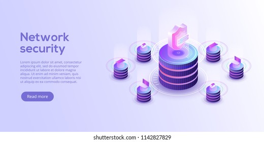 Network data security isometric vector illustration. Online server protection system concept with datacenter or blockchain. Secure bank transaction with password verification via internet.  