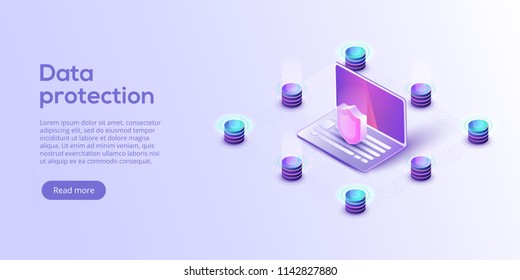 Segurança de dados de rede ilustração vetorial isométrica. Conceito de sistema de proteção de servidor online com datacenter ou blockchain. Transação bancária segura com verificação de senha via internet.