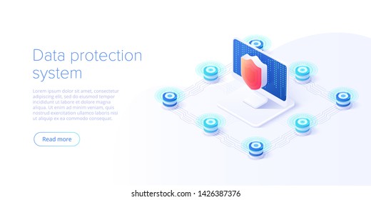 Network Data Security Isometric Vector Illustration. Online Server Protection System Concept With Datacenter Or Blockchain. Secure Bank Transaction With Password Verification Via Internet.