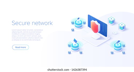 Network Data Security Isometric Vector Illustration. Online Server Protection System Concept With Datacenter Or Blockchain. Secure Bank Transaction With Password Verification Via Internet.  