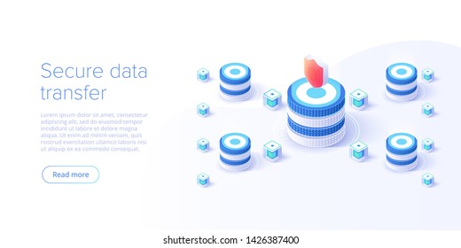 Network data security isometric vector illustration. Online server protection system concept with datacenter or blockchain. Secure bank transaction with password verification via internet.  