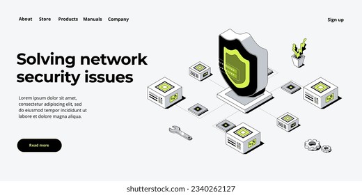Network data security isometric vector illustration. Online server protection system concept with datacenter or blockchain. Secure bank transaction with password verification via internet.  