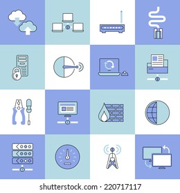 Network data security web technology flat line icons set isolated vector illustration