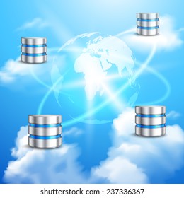 Network data server connected with realistic clouds and globe on background poster vector illustration