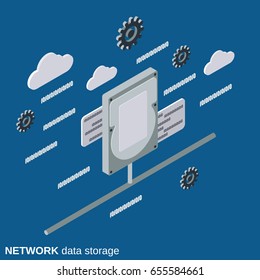 Network data storage, web disc flat 3d isometric vector concept illustration