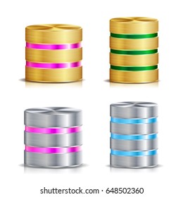 Network Database Disc Icon Vector Set. Realistic Illustration Of Computer Hard Disk. Golden Metal, Silver, Chrome. Backup Concept Isolated On White