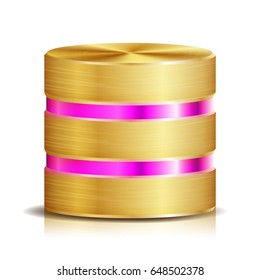Network Database Disc Icon Vector. Realistic Illustration Of Computer Hard Disk. Golden Metal. Backup Concept Isolated On White