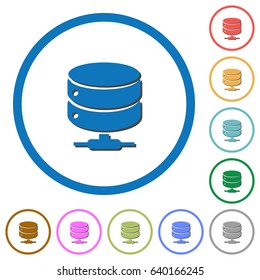 Network database flat color vector icons with shadows in round outlines on white background