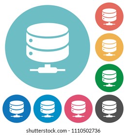 Network database flat white icons on round color backgrounds