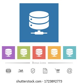 Network database flat white icons in square backgrounds. 6 bonus icons included.