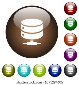 Network database white icons on round color glass buttons