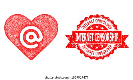 Network dating heart address icon, and Internet Censorship scratched ribbon seal imitation. Red seal has Internet Censorship tag inside ribbon.