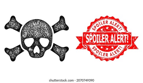 Network death skull icon, and Spoiler Alert WARN. textured ribbon seal. Red seal contains Spoiler Alert WARN. text inside ribbon.Geometric hatched carcass 2D network based on death skull icon,