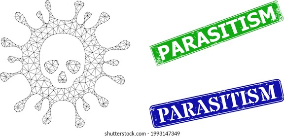 Network death virus image, and Parasitism blue and green rectangle rubber seals. Polygonal wireframe image designed with death virus pictogram.