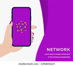 Network Design Concept in Purple Color with Woman Hand Holding a Smartphone with Network on Screen, Headline and Text Place. Suitable for Web banner, Infographics, Flat Vector Illustration 