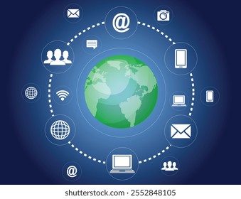 Network design over blue background, flat vector illustration.