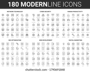 Network Development Technology Vector Illustration. Flat Thin Line Modern Abstract Icon Set Of Cyber Data Protection, Developing Human Productivity, Social Marketing, Seo Optimization Concept Symbols