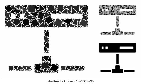 Network device mosaic of bumpy elements in various sizes and shades, based on network device icon. Vector unequal elements are united into collage. Network device icons collage with dotted pattern.