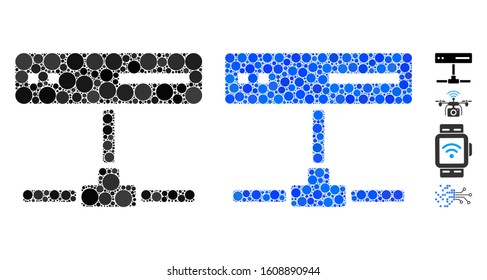 Network device mosaic of circle elements in various sizes and color hues, based on network device icon. Vector circle elements are united into blue mosaic.