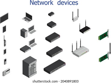 Ilustración vectorial isométrica de dispositivos de red