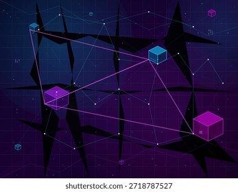 Un diagrama de red muestra bloques conectados por líneas sobre un fondo oscuro. Las Formas geométricas crean interés visual. El diseño representa la conectividad digital en la tecnología.