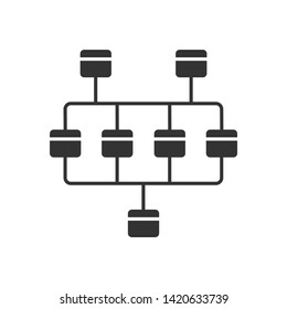 Network diagram glyph icon. Cluster diagram. Computer science. Network graphical chart. Computers structure. Interconnected system. Silhouette symbol. Negative space. Vector isolated illustration