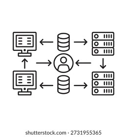 Diagrama de red que ilustra el flujo de datos entre los equipos, los servidores y un usuario
