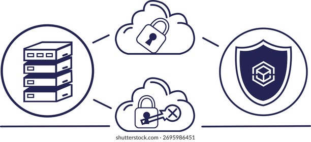 Network diagram illustrating secure cloud computing, data encryption, and server protection. Perfect for cybersecurity and hosting concepts.