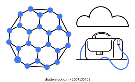 Network diagram of interconnected blue nodes, adjacent to a cloud icon and a briefcase, symbolizing connectivity, storage, and business travel. Ideal for technology, business, networking, cloud