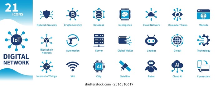 Ícone digital de rede. Coleção de ícones sobre tecnologia da informação, conexão, internet, dados, inteligência artificial. Ícones de vetor sólido.