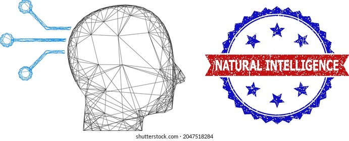 Network direct brain connection model icon, and bicolor grunge Natural Intelligence seal. Flat model created from direct brain connection icon and intersected lines.