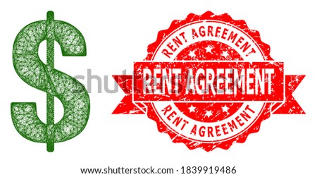Network dollar symbol icon, and Rent Agreement scratched ribbon seal imitation. Red seal has Rent Agreement text inside ribbon.Geometric linear frame 2D network based on dollar symbol icon,