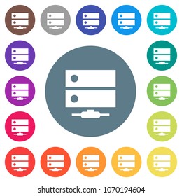 Network drive flat white icons on round color backgrounds. 17 background color variations are included.