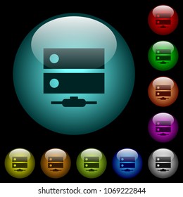 Network drive icons in color illuminated spherical glass buttons on black background. Can be used to black or dark templates