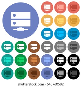 Network drive multi colored flat icons on round backgrounds. Included white, light and dark icon variations for hover and active status effects, and bonus shades on black backgounds.