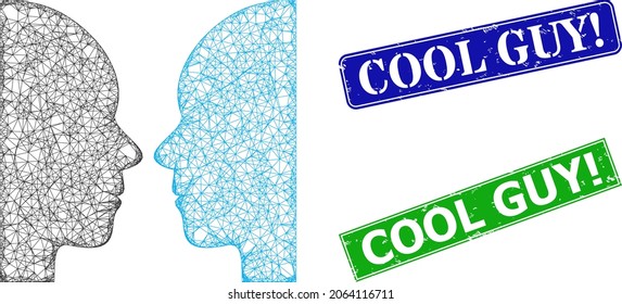 Network dual faces image, and Cool Guy warn blue and green rectangle textured seal prints. Mesh wireframe image is created from dual faces icon. Stamp seals include Cool Guy warn tag inside rectangle