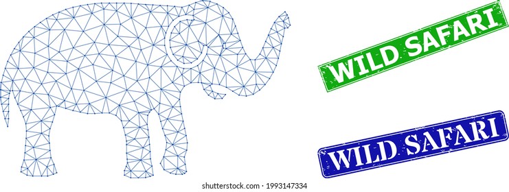 Network elephant model, and Wild Safari blue and green rectangular textured stamp seals. Mesh carcass illustration is based on elephant pictogram.