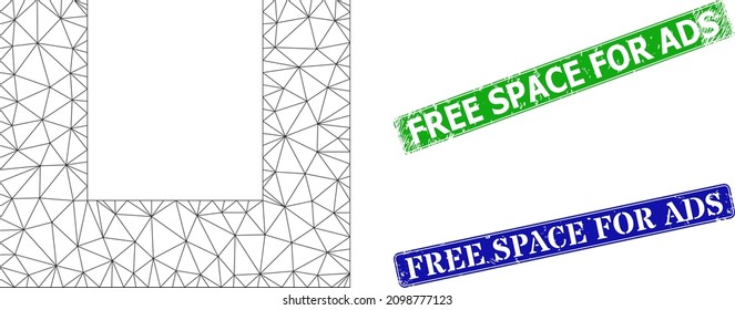 Network empty box image, and Free Space for Ads blue and green rectangle grunge stamp seals. Polygonal carcass symbol is based on empty box icon.