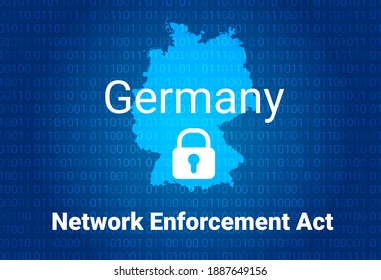 Network Enforcement Act. NetzDG in Germany. Blue map of Germany on a blue background with a binary code. Vector illustration background