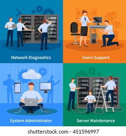 Network Engineer And It Administrator 2x2 Design Concept Set Of Network Diagnostics Users Support And Server Maintenance Elements Vector Illustration   