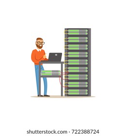 Network Engineer Administrator Working In Data Center Using Laptop To Analyze System, Server Maintenance Support Vector Illustration