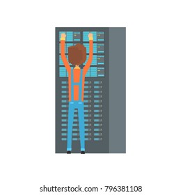 Network engineer administrator working in data center, network engineer involved in maintenance of system modules cartoon vector illustration