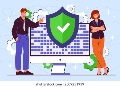 Network engineer concept. Man and woman near computer monitor. Programmers and IT specialists, technical support. Prevention of hackers attack and protection of data. Flat vector illustration